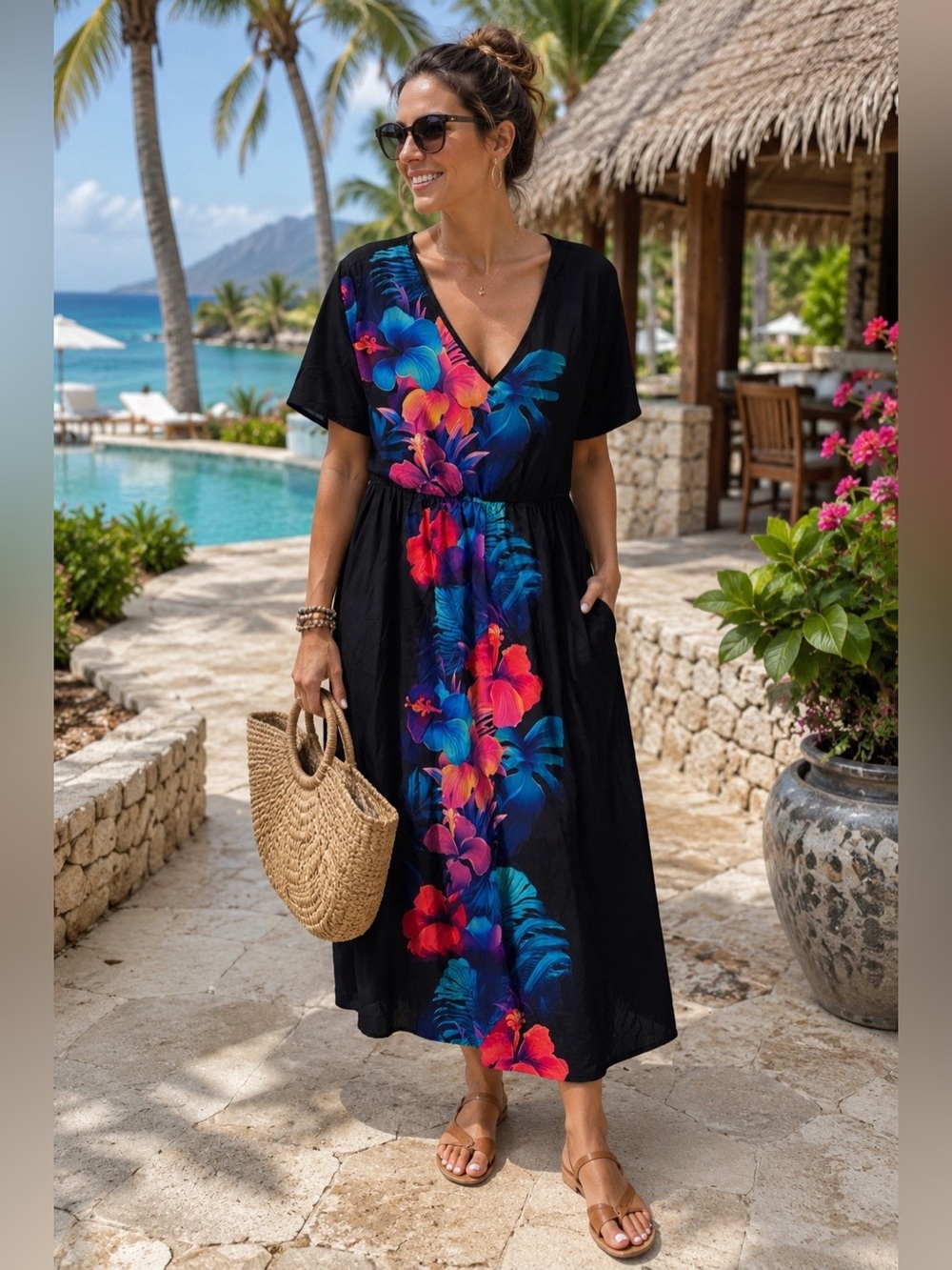 Tropical Floral Black Maxi Dress